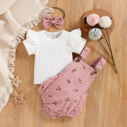 Conjunto Infantil Feminino Body Romper + Blusa + Tiara jardineira Loja Click Certo Rosa 0-6 meses 