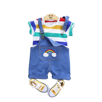 Jardineira + Camiseta Arco Íris Loja Click Certo Azul 06-12 Meses 34cm 