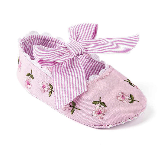 Sapatinho Laço e Bordados sapatos Loja Click Certo Rosa 0-6 Meses 11cm 