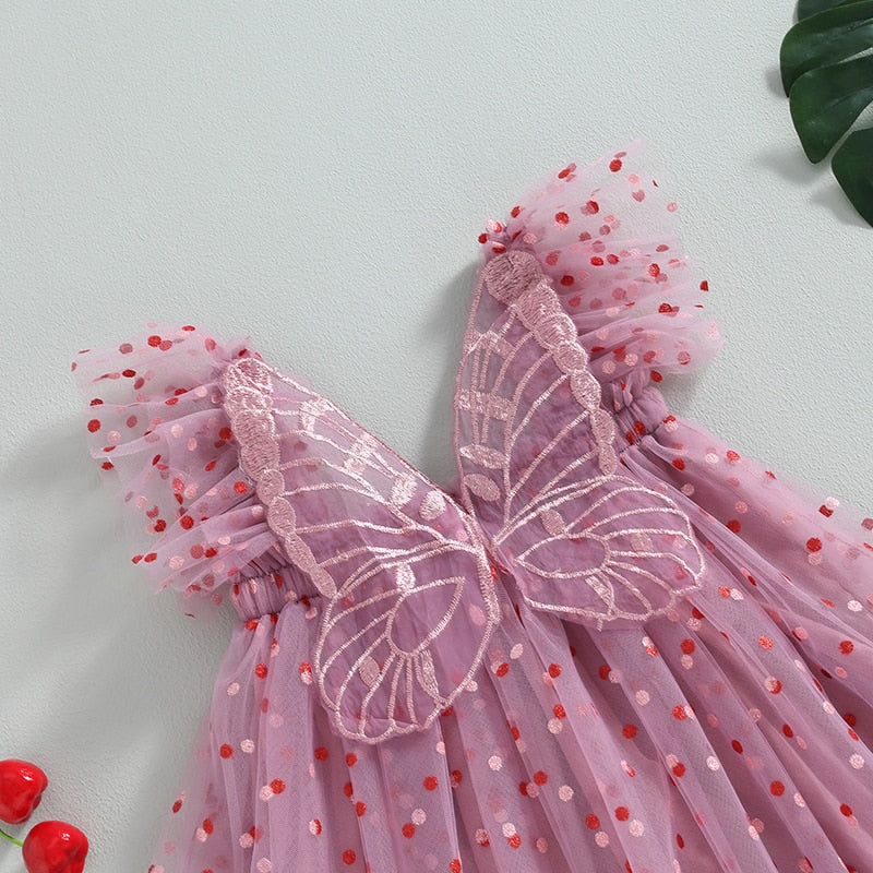 Short Sleeve Polka Dot Print Butterfly Tulle Dress