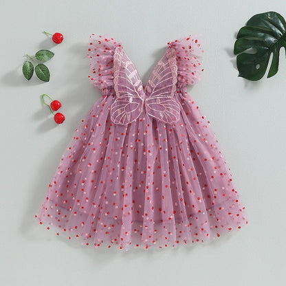 Short Sleeve Polka Dot Print Butterfly Tulle Dress