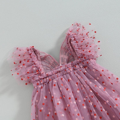 Short Sleeve Polka Dot Print Butterfly Tulle Dress