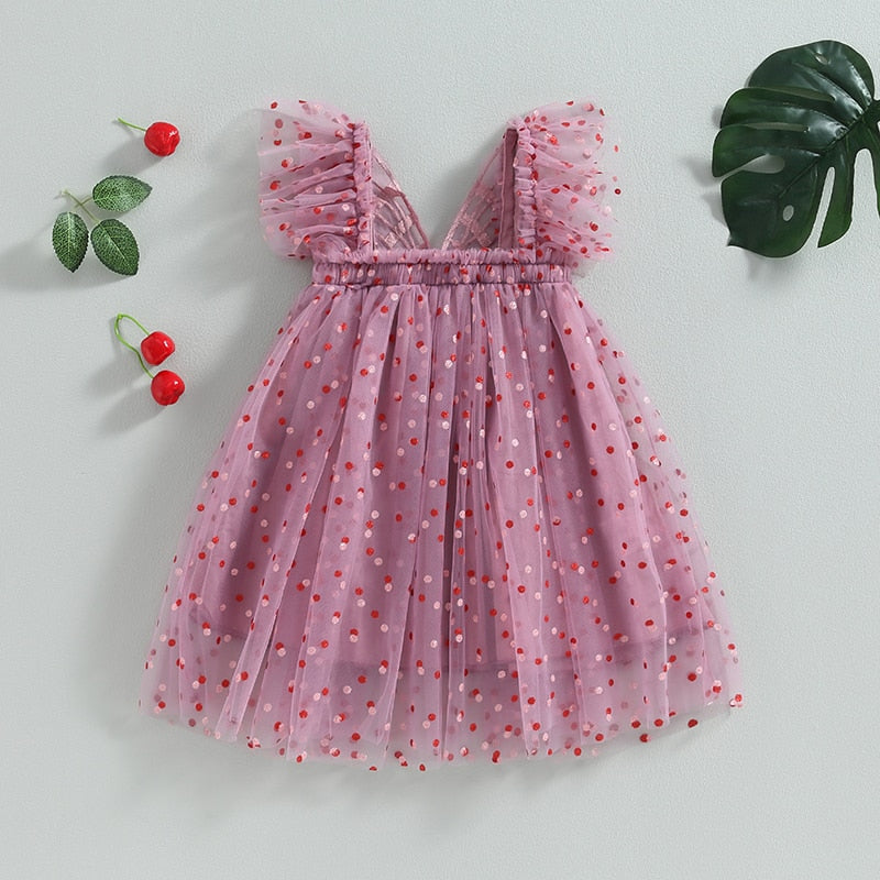 Short Sleeve Polka Dot Print Butterfly Tulle Dress