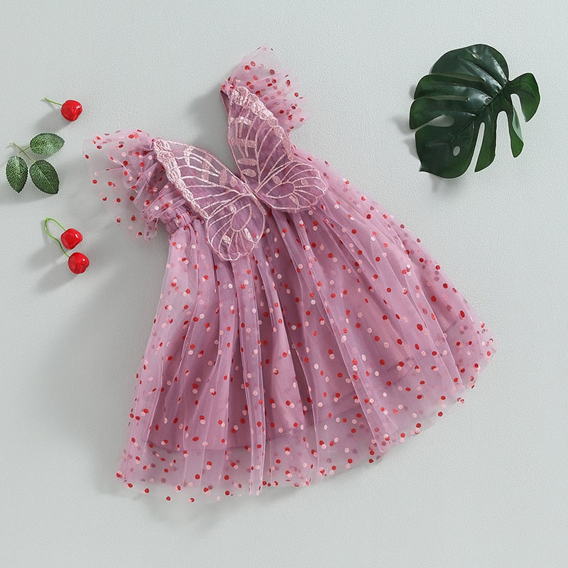 Short Sleeve Polka Dot Print Butterfly Tulle Dress