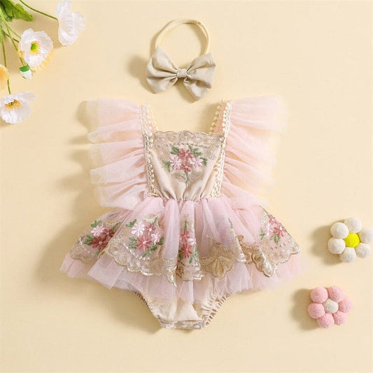 Body Infantil Feminino Bordado Flores + Laço